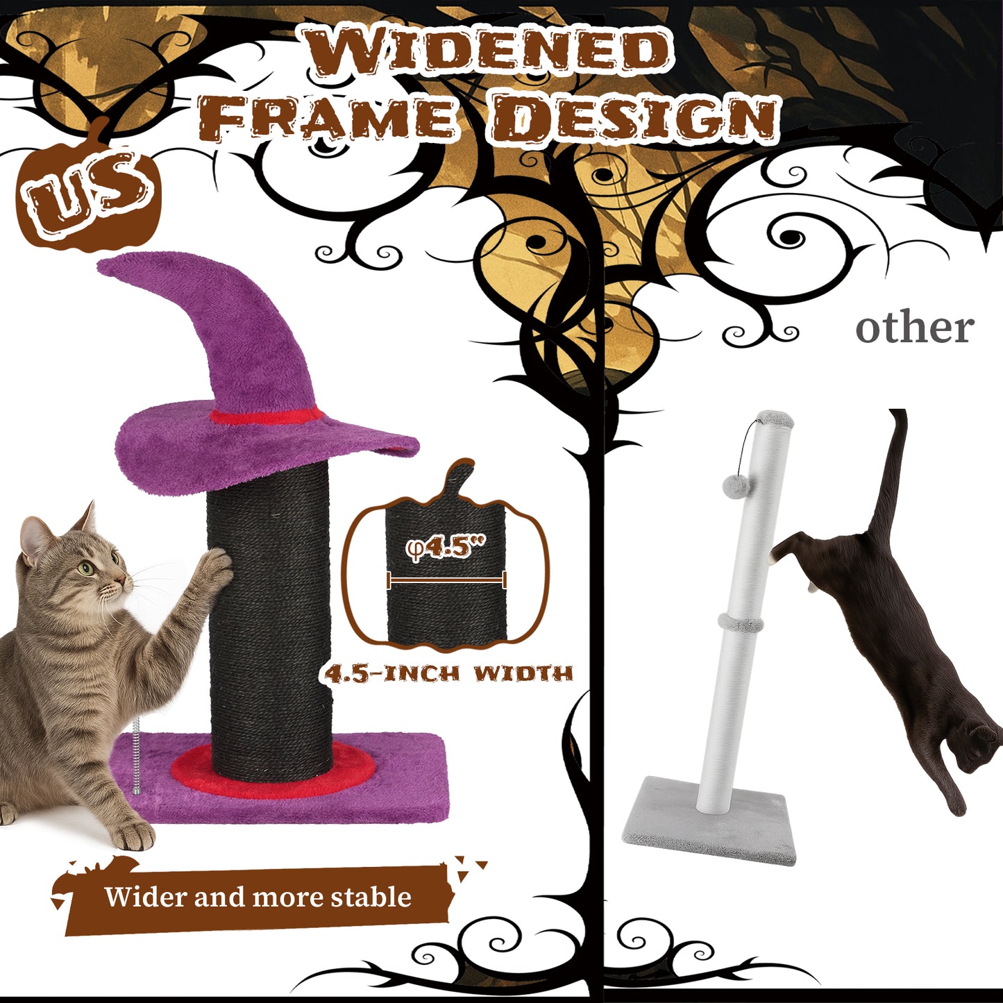 Wizard Hat Cat Scratching Post with Spring Ball Toy for Indoor Cats, Halloween Spooky Cat Scratcher, Purple