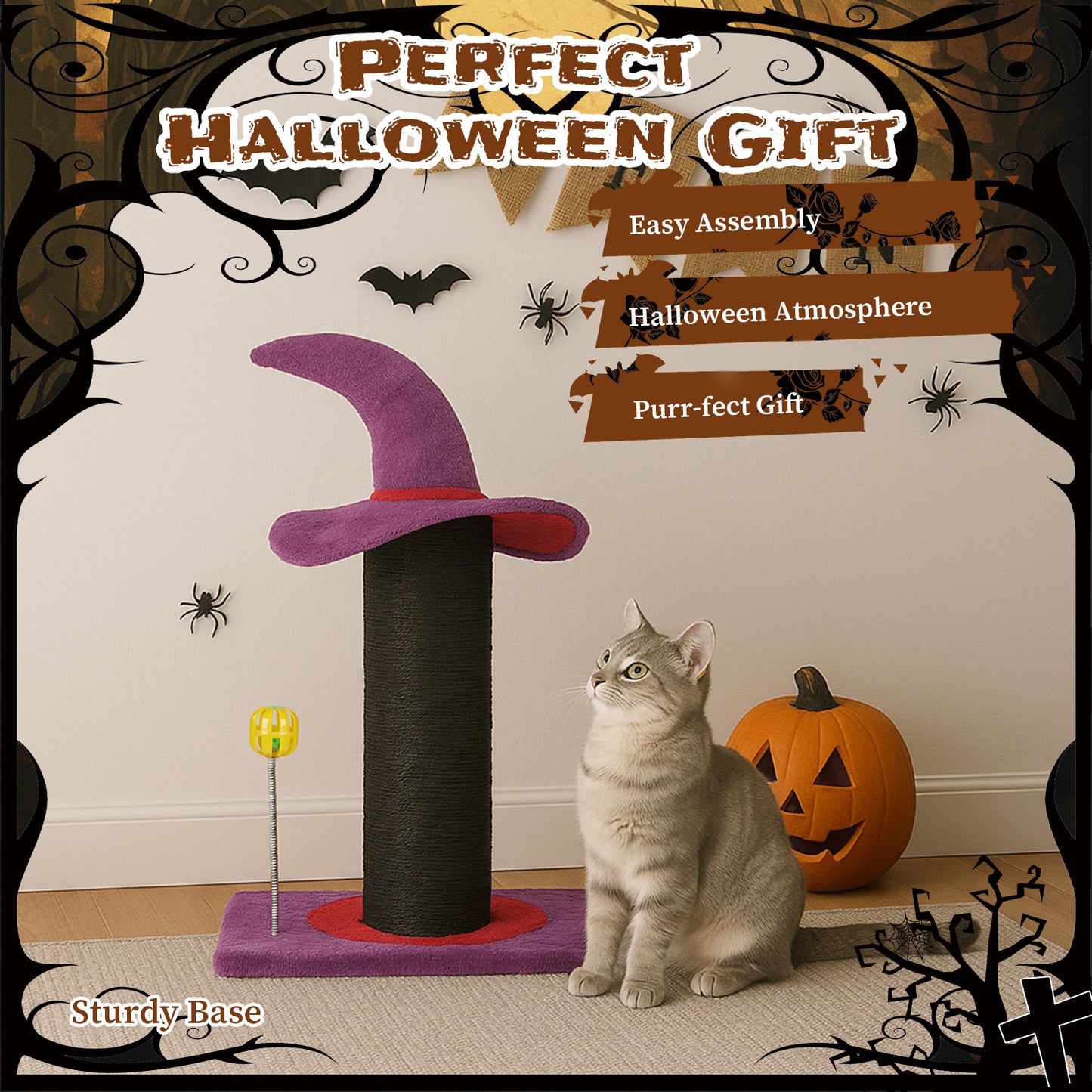Wizard Hat Cat Scratching Post with Spring Ball Toy for Indoor Cats, Halloween Spooky Cat Scratcher, Purple