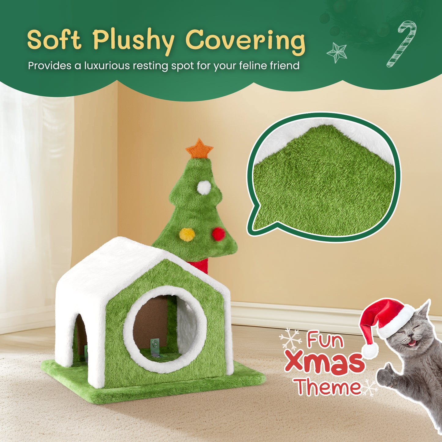 24in Christmas Cat House Cat Bed Cave, Soft Plush Christmas Nest Holiday Decor for Indoor Cats