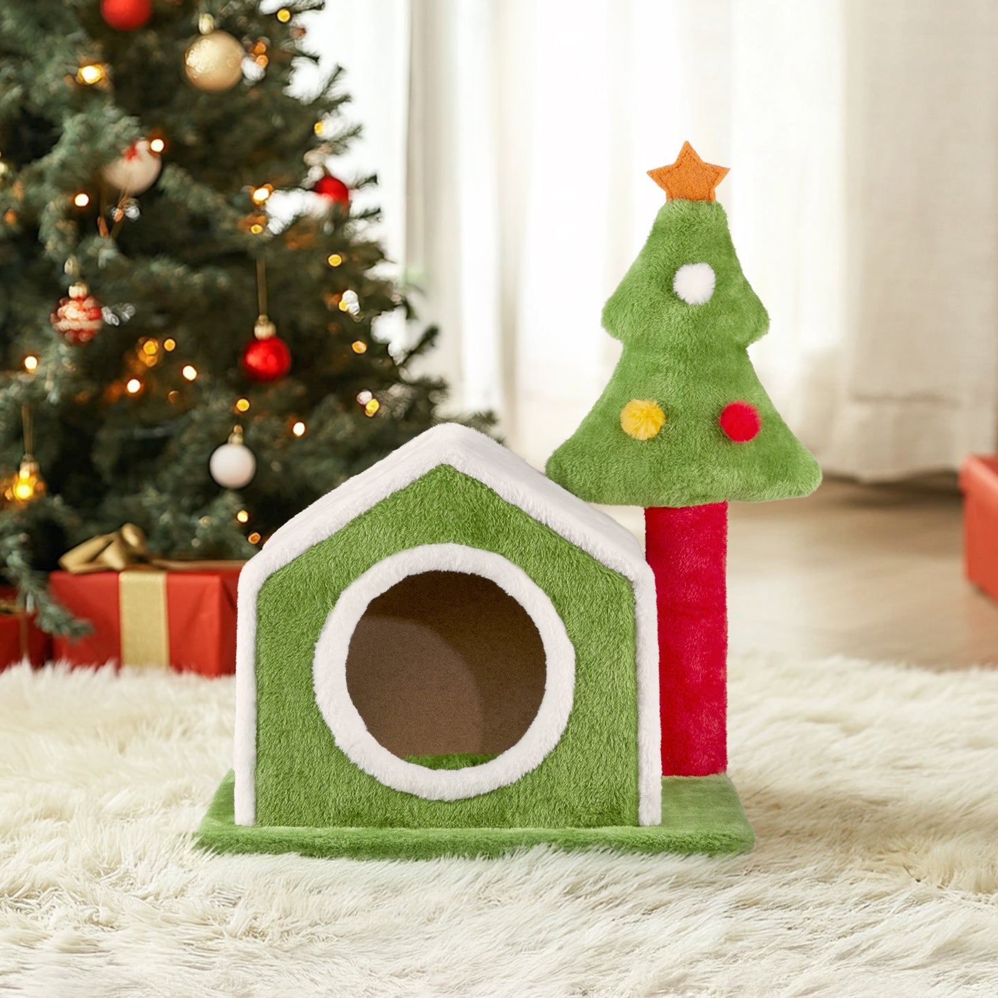 24in Christmas Cat House Cat Bed Cave, Soft Plush Christmas Nest Holiday Decor for Indoor Cats