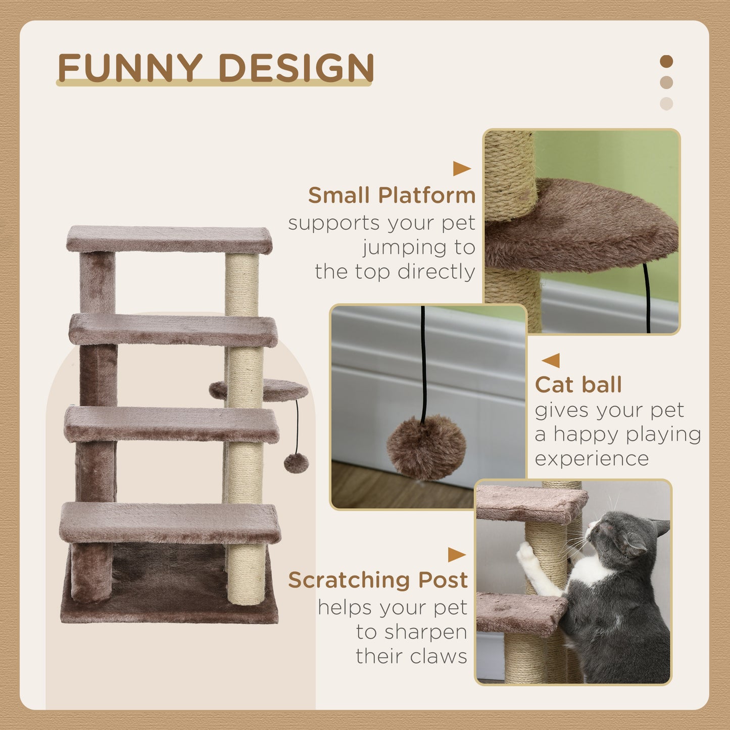 4-Level Brown Cat Tree with Scratching Posts for High Bed Sofa