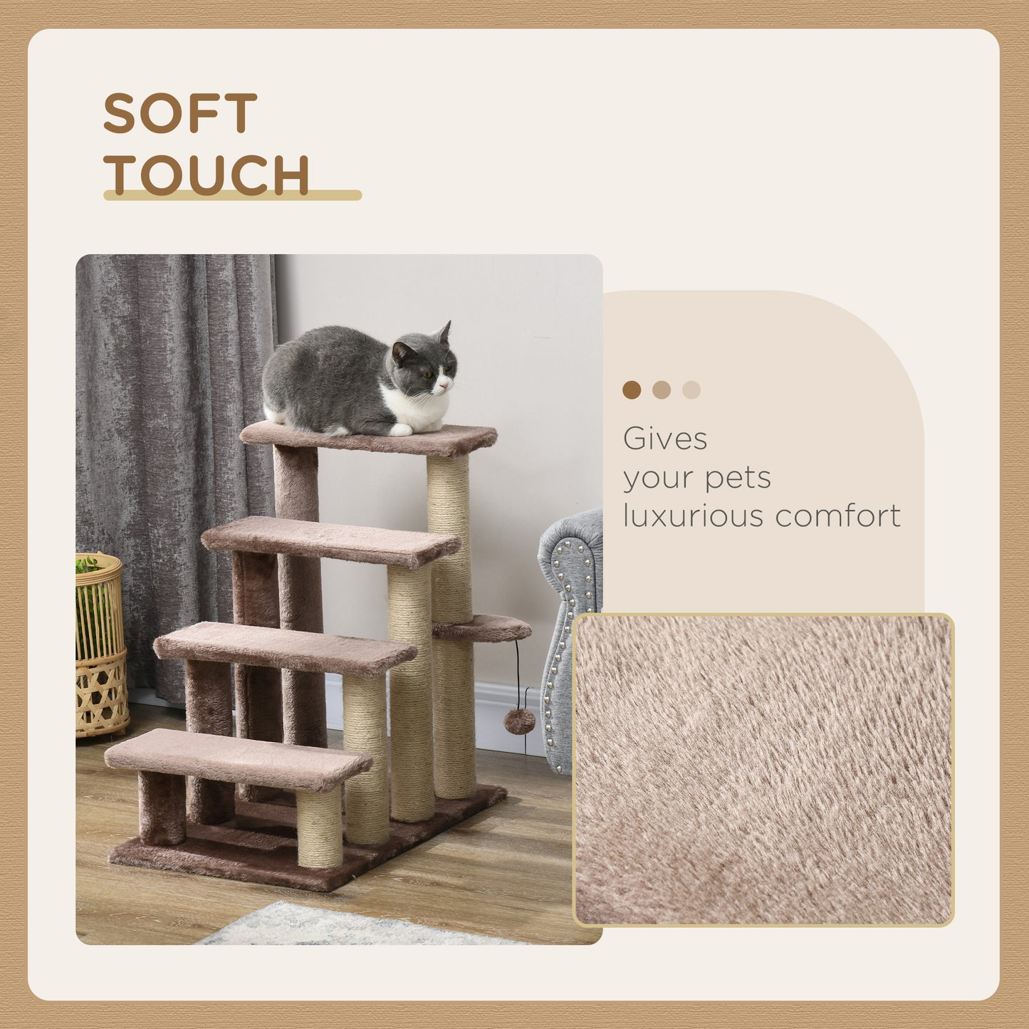 4-Level Brown Cat Tree with Scratching Posts for High Bed Sofa
