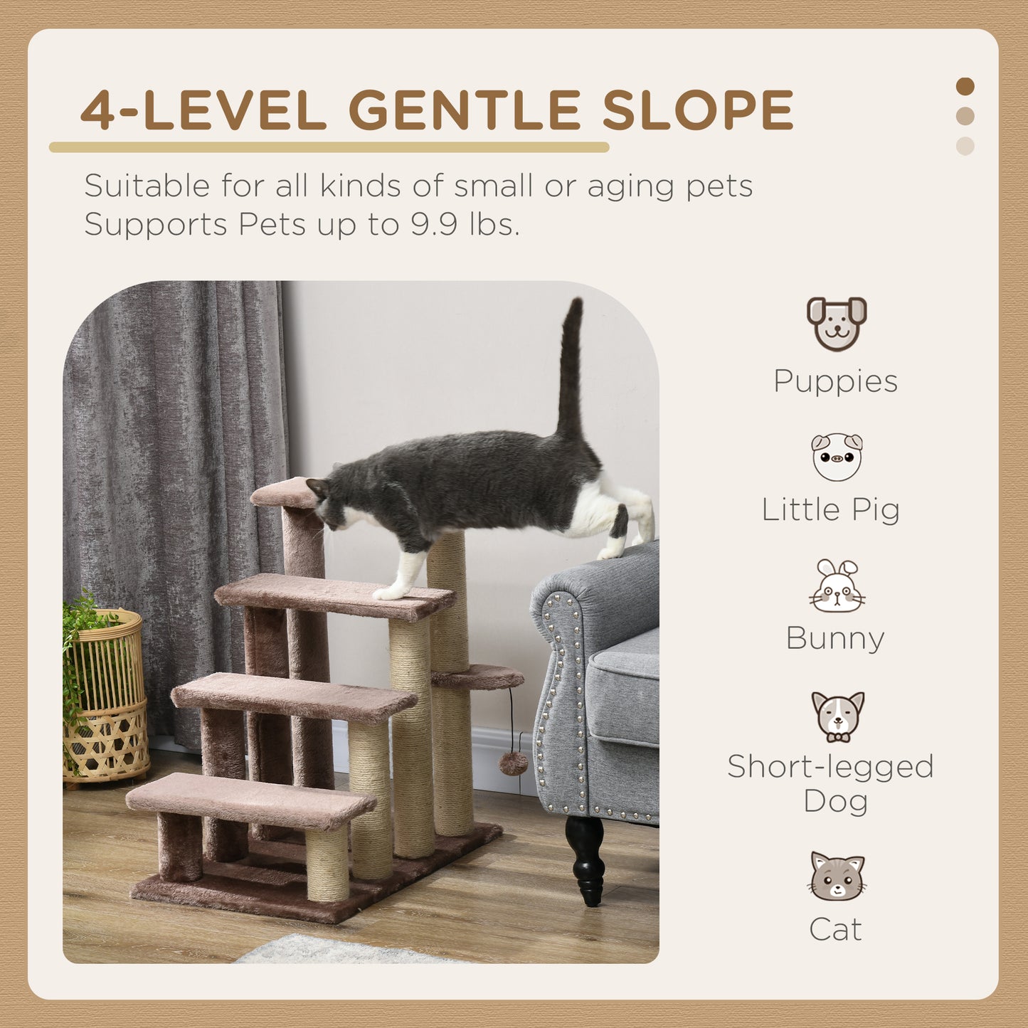 4-Level Brown Cat Tree with Scratching Posts for High Bed Sofa