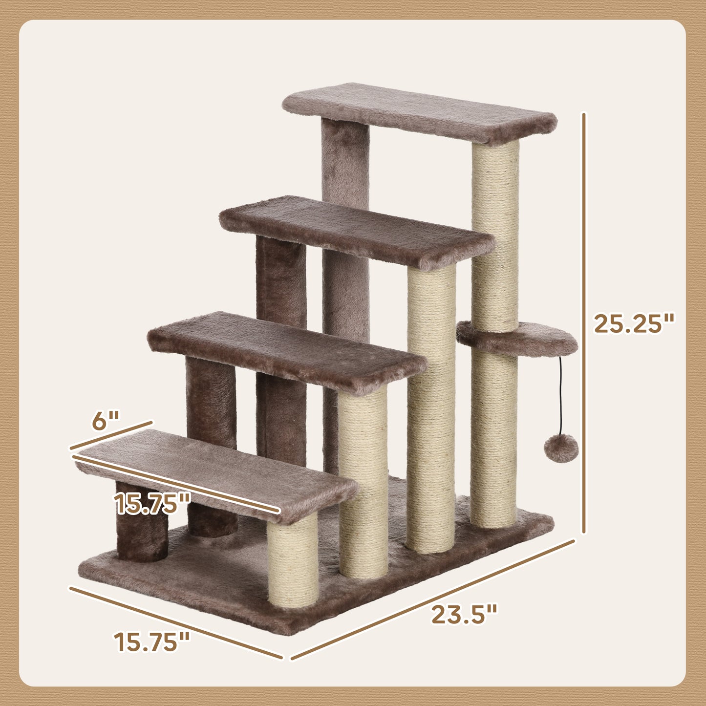 4-Level Brown Cat Tree with Scratching Posts for High Bed Sofa