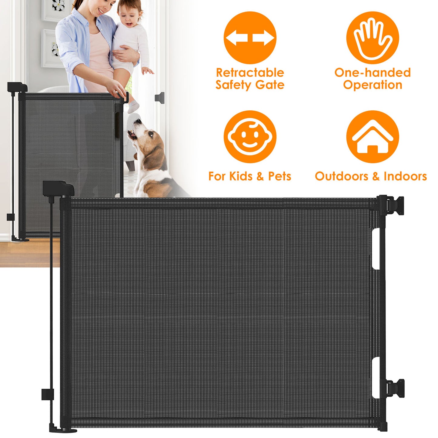 61in Wide Retractable Safety Gate - Adjustable for Doorways, Stairs & Patios - One-Hand Lock/Unlock, Space-Saving Mesh - Ideal for Babies and Pets (10-40lbs)