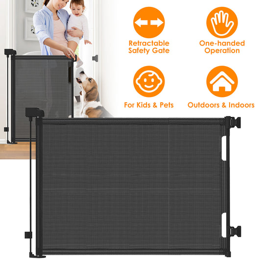 61in Wide Retractable Safety Gate - Adjustable for Doorways, Stairs & Patios - One-Hand Lock/Unlock, Space-Saving Mesh - Ideal for Babies and Pets (10-40lbs)