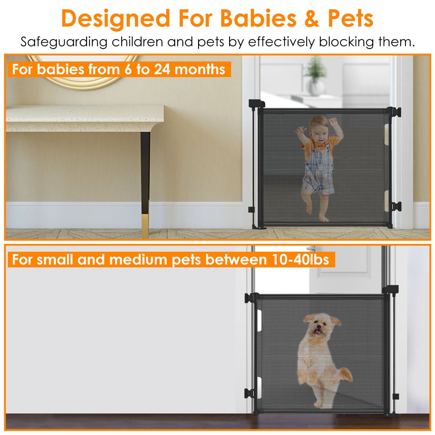 61in Wide Retractable Safety Gate - Adjustable for Doorways, Stairs & Patios - One-Hand Lock/Unlock, Space-Saving Mesh - Ideal for Babies and Pets (10-40lbs)