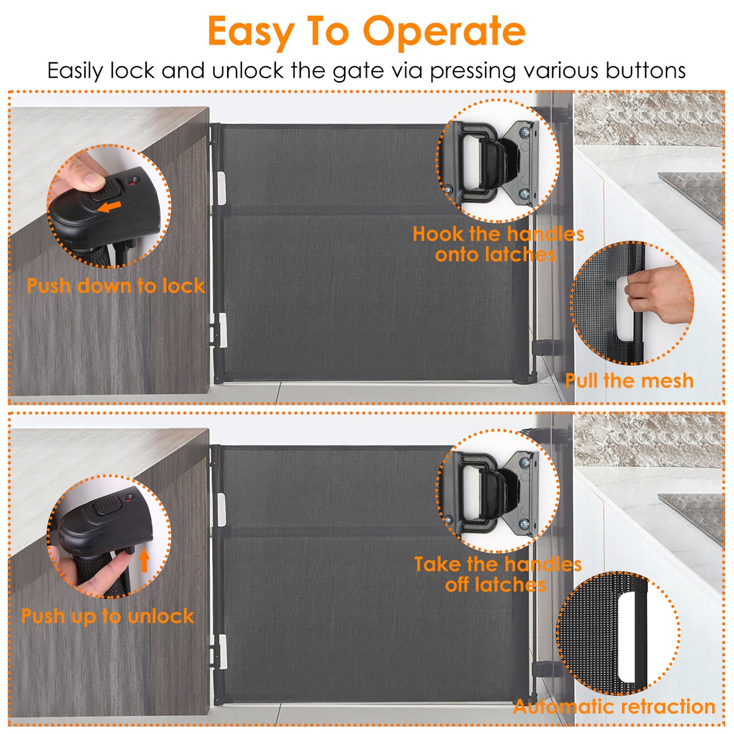 61in Wide Retractable Safety Gate - Adjustable for Doorways, Stairs & Patios - One-Hand Lock/Unlock, Space-Saving Mesh - Ideal for Babies and Pets (10-40lbs)