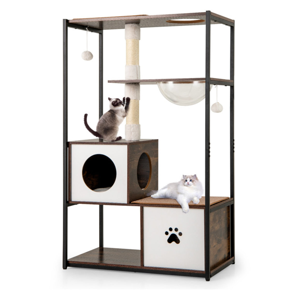 Stylish Wood-Metal Cat Tree - 33 lbs Per Layer Capacity, 2 Private Condos + 2 Relaxation Platforms, Complements Room Decor