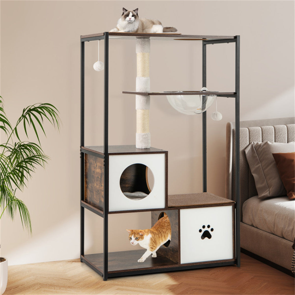 Stylish Wood-Metal Cat Tree - 33 lbs Per Layer Capacity, 2 Private Condos + 2 Relaxation Platforms, Complements Room Decor