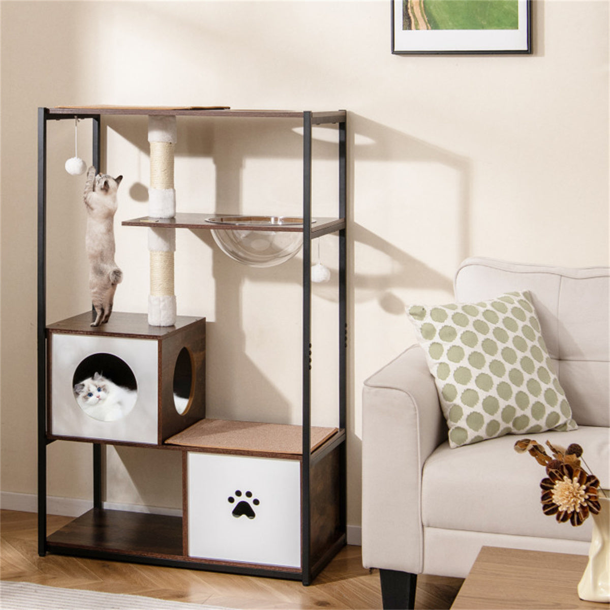 Stylish Wood-Metal Cat Tree - 33 lbs Per Layer Capacity, 2 Private Condos + 2 Relaxation Platforms, Complements Room Decor