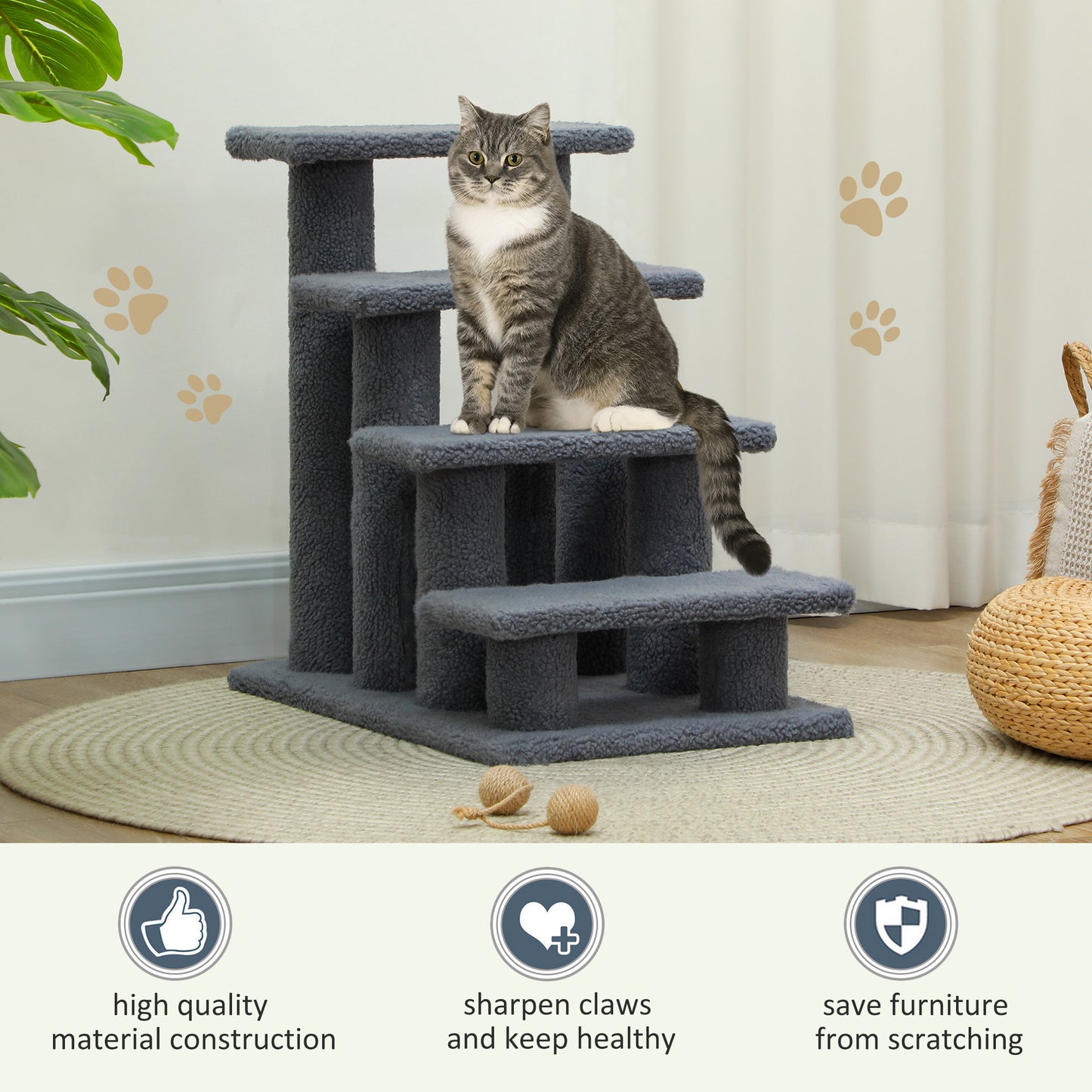 4-Step Cat Tree Climber Carpeted Pet Stairs and Ladder Ramp with Scratching Post Small Animal Supplies