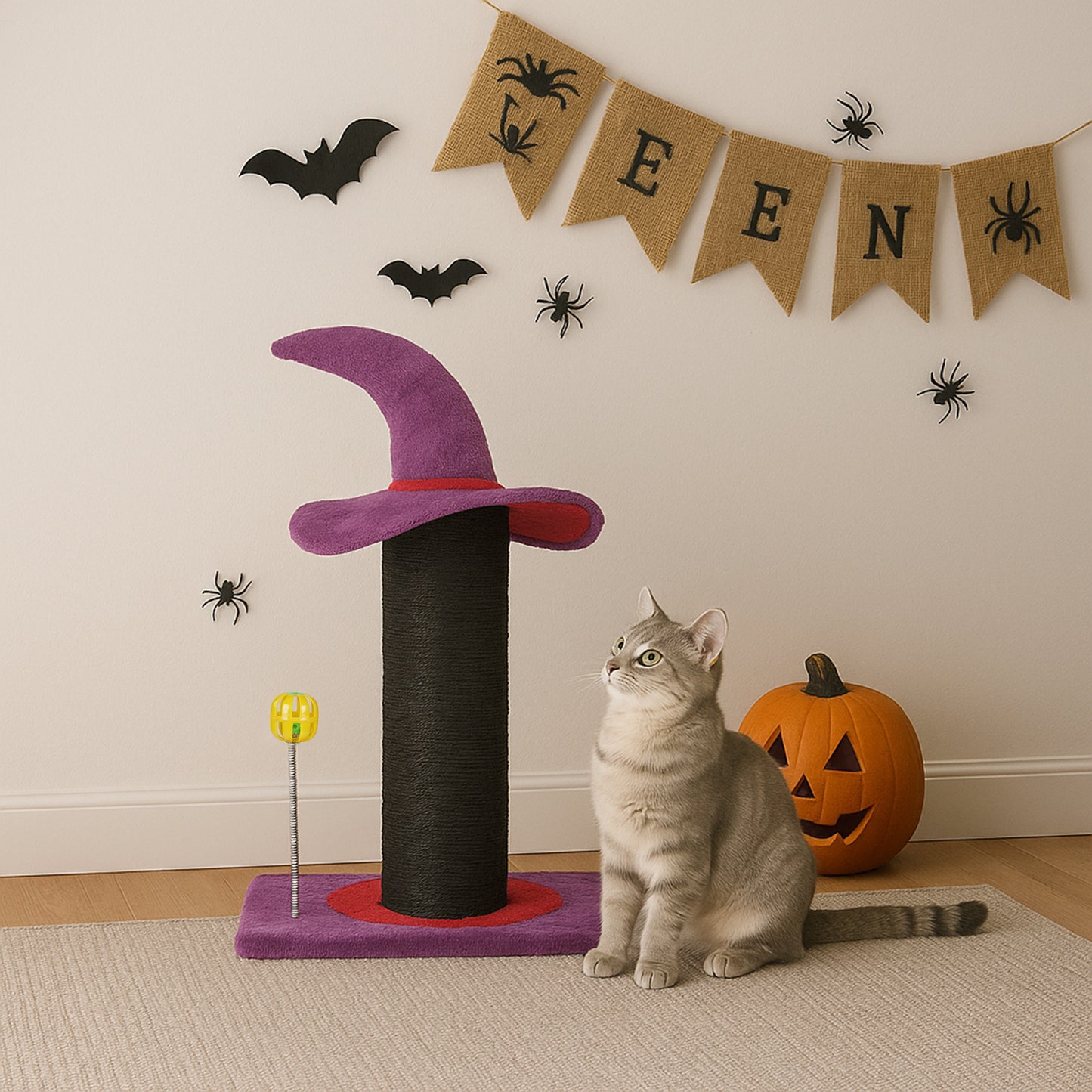 Wizard Hat Cat Scratching Post with Spring Ball Toy for Indoor Cats, Halloween Spooky Cat Scratcher, Purple