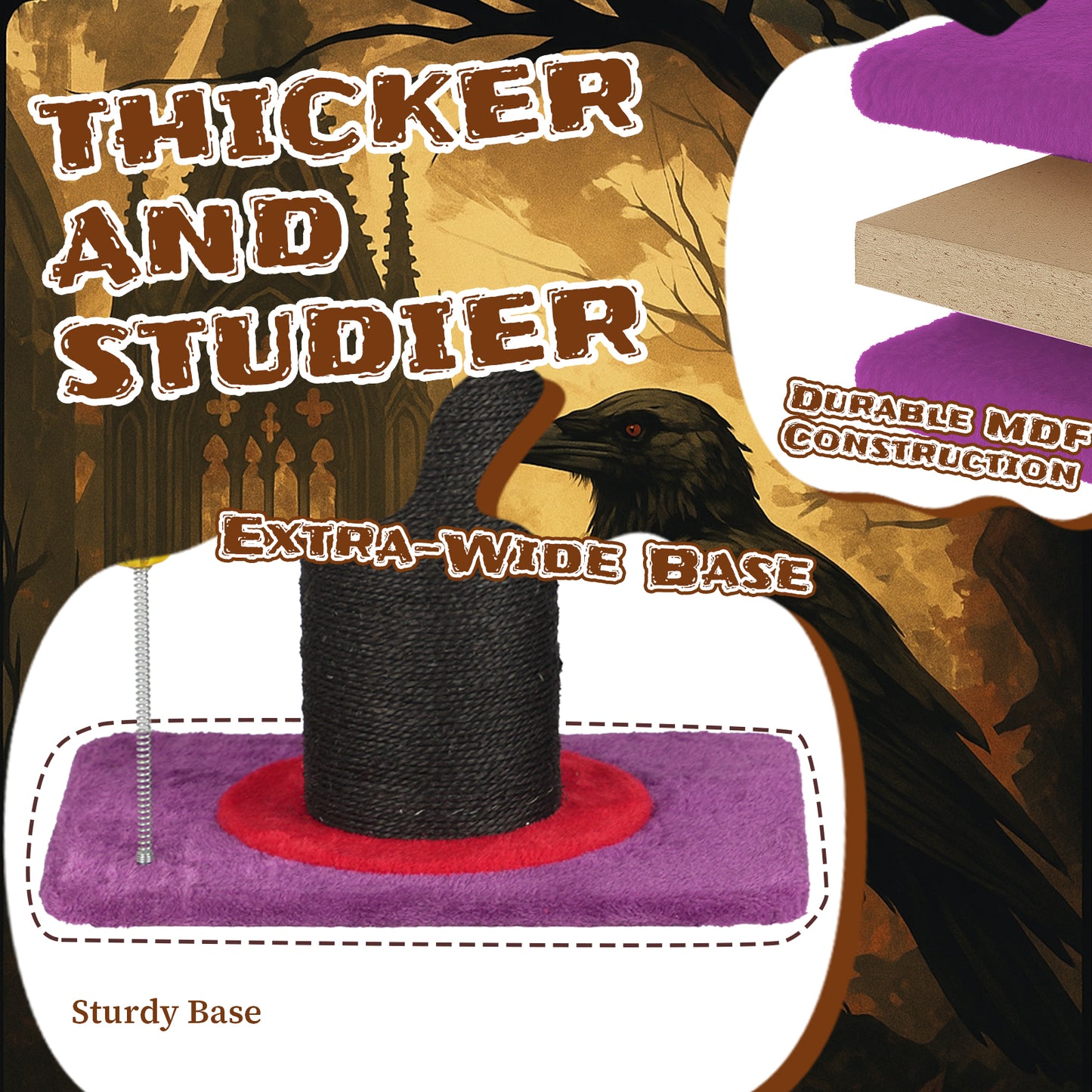 Wizard Hat Cat Scratching Post with Spring Ball Toy for Indoor Cats, Halloween Spooky Cat Scratcher, Purple