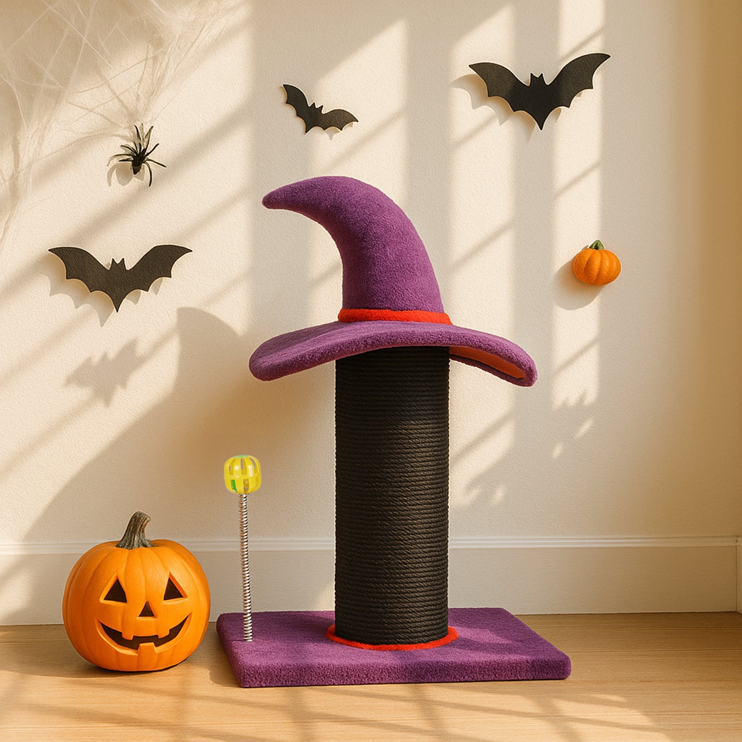 Wizard Hat Cat Scratching Post with Spring Ball Toy for Indoor Cats, Halloween Spooky Cat Scratcher, Purple